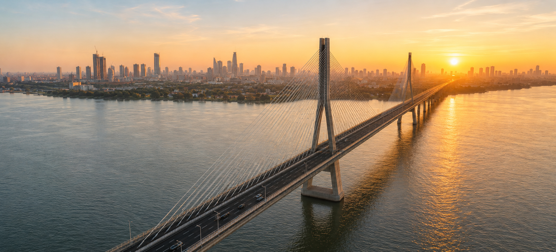 Moderne brug naar de skyline van Mumbai bij zonsopgang